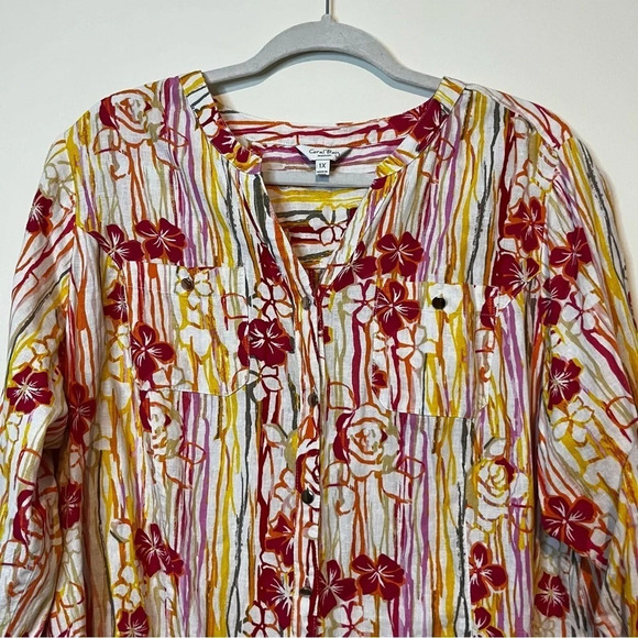 CORAL BAY Striped Beachy Linen Blend Button Down Blouse - Picture 2 of 10